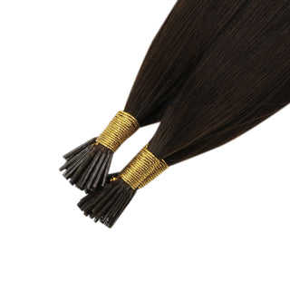 Full Shine Professional I Tip Hair Extensions in Dark Brown #2 feature premium virgin human hair, reusable micro bead tips, and a seamless blend for everyday styling.