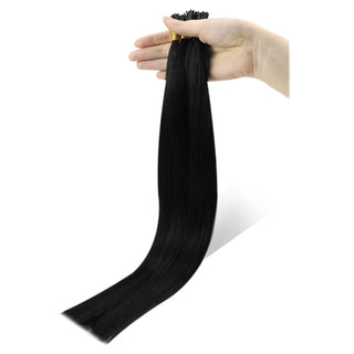 Full Shine Professional I Tip Hair Extensions in Jet Black #1 feature premium virgin human hair, reusable micro bead tips, and a seamless blend for everyday styling.