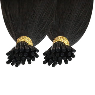 Full Shine Professional I Tip Hair Extensions made from 100% virgin human hair in Off Black #1B help create fuller, longer, and naturally blended hairstyles with salon-quality results.
