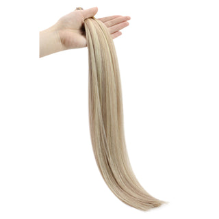Soft silky Full Shine Virgin I Tip Hair Extensions in Pink Blonde Lowlights made from premium human hair with healthy ends for a salon-quality look.