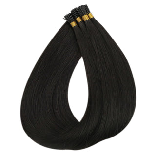 Full Shine Reusable I Tip Hair Extensions in Off Black #1B feature premium virgin human hair, secure micro beads, and a heat-free installation for thin hair.