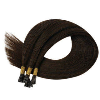 Full Shine Seamless I Tip Hair Extensions in Dark Brown #2 blend naturally with your own hair for fuller volume and a flawless finish.