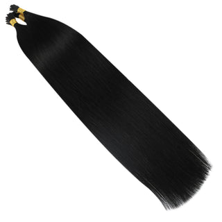 Full Shine Seamless I Tip Hair Extensions in Jet Black #1 blend naturally with your own hair for fuller volume and a flawless finish.