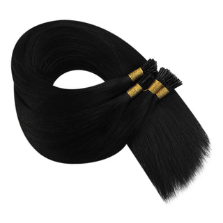 Full Shine Silky Straight I Tip Hair Extensions in Jet Black #1 are made from virgin human hair with a smooth texture, natural shine, and thick healthy ends.