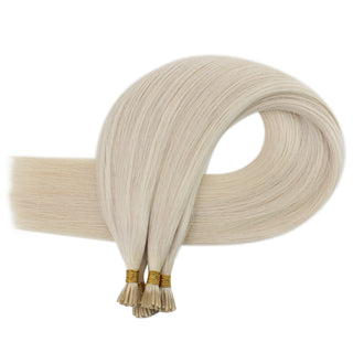 Full Shine Virgin Human Hair Extensions in Bleach Blonde #60 feature lightweight I Tip bonds for comfortable wear and natural movement.