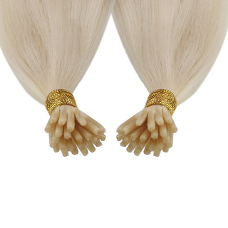 Full Shine Virgin Human Hair I Tip Extensions in Bleach Blonde #60 are perfect for thin hair, adding natural volume, length, and a seamless blend.