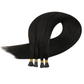 Full Shine Virgin I Tip Hair Extensions in Off Black #1B instantly add natural length and fuller volume while blending seamlessly with your own hair.
