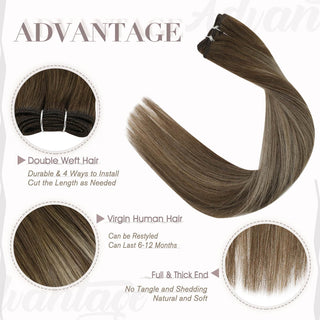 Full Shine ash blonde highlights virgin weft hair extensions, silky Brazilian human hair for soft dimensional salon look.
