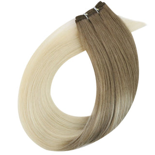 Full Shine ash brown highlight balayage virgin weft hair extensions, smooth Brazilian human hair for natural blended look.