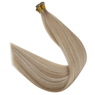 Full Shine Virgin Hair Genius Weft Extensions, Balayage Blonde Rose Gold Highlights, Hybrid Weft Hair Extensions, Sew-In Weft Hair, Seamless Hair Weft, Premium Hair Weft, Soft Thick Hair, Professional Salon Hair Extensions, Luxurious Natural Hair