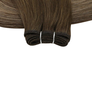 Full Shine balayage brown virgin weft hair extensions, premium Brazilian human hair for soft natural salon-quality sew-in.