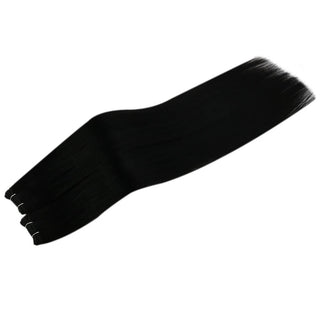 Full Shine black dimensional virgin weft hair extensions, premium Brazilian human hair for natural salon blending.