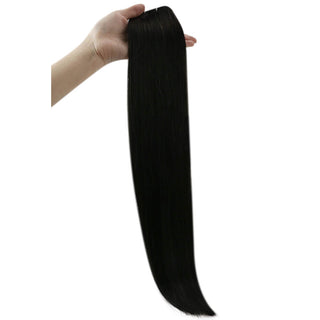 Full Shine black long virgin weft hair extensions, silky Brazilian human hair for soft natural salon results.