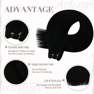 Full Shine black virgin hair weft extensions, silky Brazilian human hair for smooth natural salon styling results.