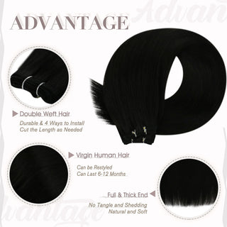 Full Shine black virgin weft extensions, premium Brazilian human hair for soft natural salon-quality styling.