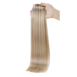 Full Shine natural-looking blonde lowlight PU clip ins with injected hair roots.