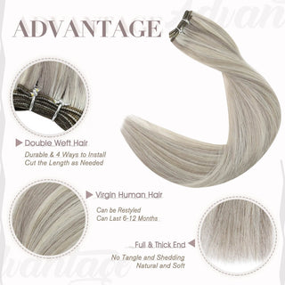 Full Shine virgin hair weft extensions with blonde lowlights, smooth Brazilian human hair for dimensional and natural salon blending.