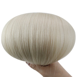 Full Shine bright platinum blonde virgin weft hair extensions, smooth Brazilian human hair for clean and glossy salon look.