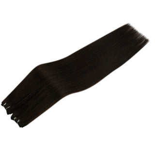 Full Shine dark brown dimensional virgin weft hair extensions, silky Brazilian human hair for natural salon look.