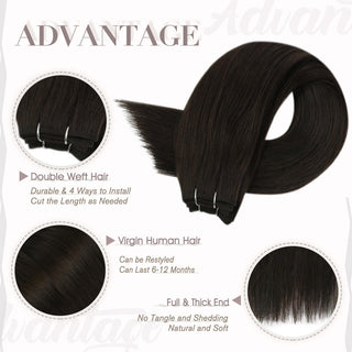 Full Shine dark brown virgin hair weft extensions, silky Brazilian human hair for smooth natural salon styling results.