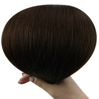 Full Shine dark to medium brown virgin weft hair extensions, smooth Brazilian human hair for natural salon styling results.