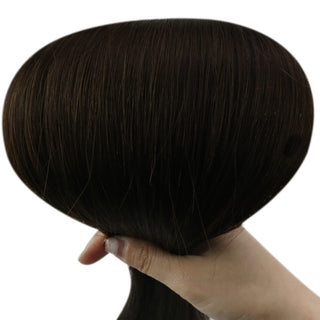Full Shine deep dark brown virgin weft hair extensions, smooth Brazilian human hair for natural salon styling results.