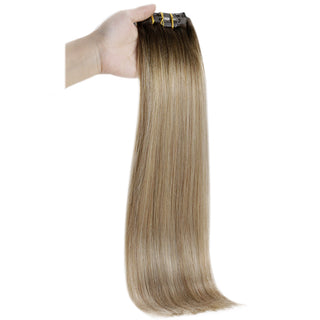 Full Shine balayage brown thin PU clip in extensions for invisible wear.