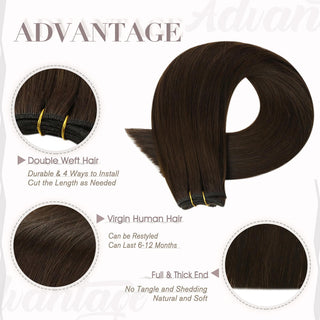 Full Shine medium brown virgin hair weft extensions, silky Brazilian human hair for smooth natural salon styling results.