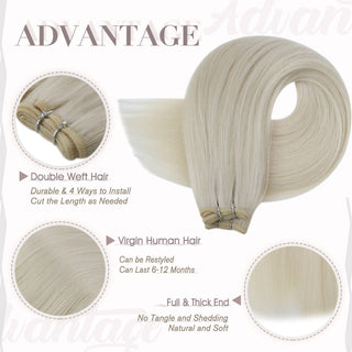 Full Shine platinum blonde virgin hair weft extensions, silky Brazilian human hair for smooth and bright salon styling results.
