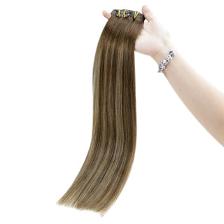 Creamy balayage blonde thin PU clip in extensions by Full Shine.