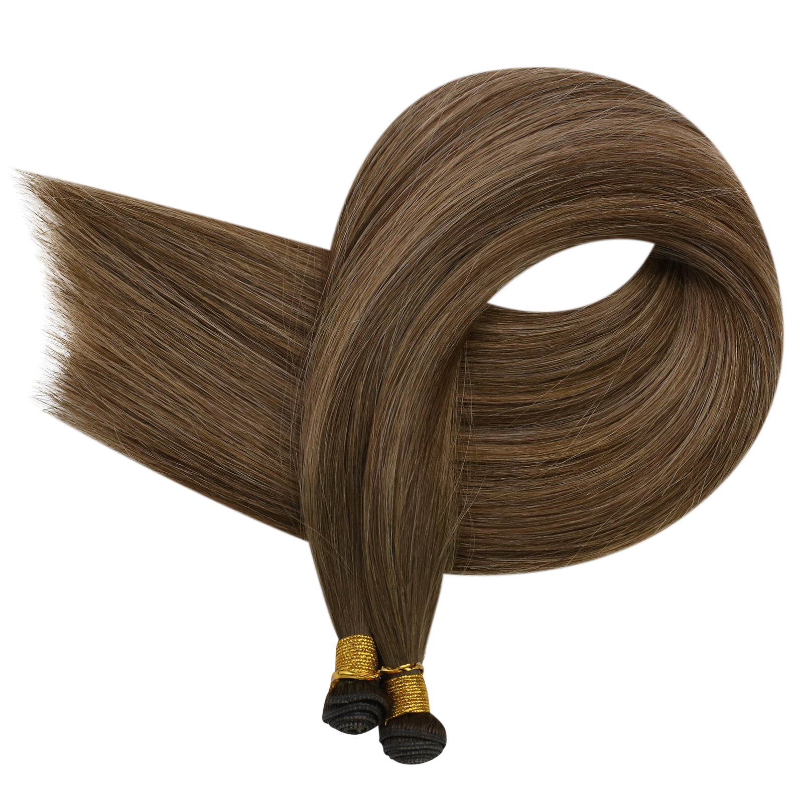 Full Shine brunette and caramel balayage human hair extensions with soft golden caramel highlights