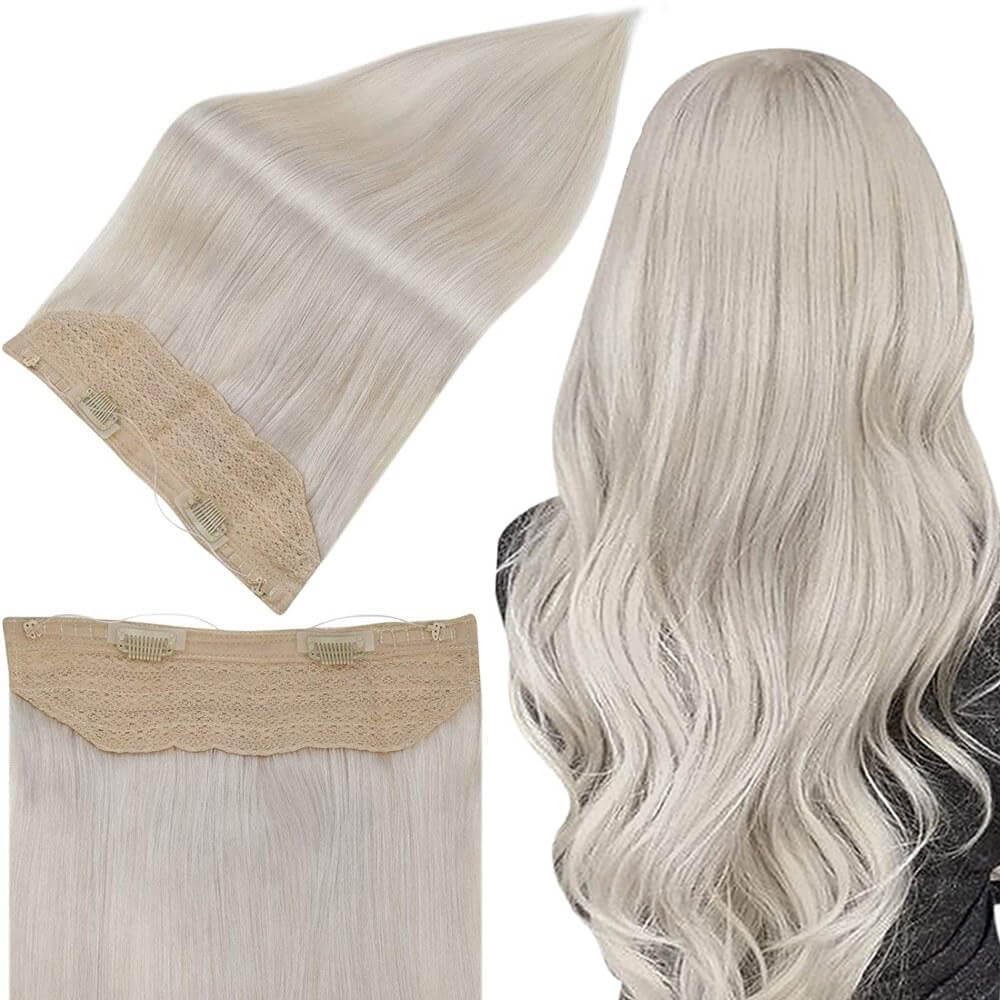 White Invisible Wire Hair Extensions or 5 Clips Wide Clip in Ice