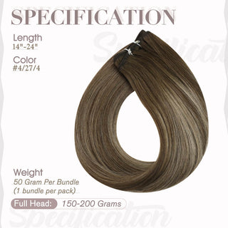 Full Shine honey blonde highlights virgin weft hair extensions, warm tones Brazilian human hair for natural blended finish.