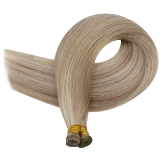 Full Shine Genius Weft Hair Extensions, 100% Virgin Human Hair, Platinum Blonde with Rose Gold Tones, Hybrid Weft Hair Extensions, Sew-In Weft Hair, Seamless Weft Hair, Volume Weft Extensions, Soft Silky Hair, Salon Quality Hair Extensions, Natural Look