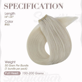 Full Shine icy platinum blonde virgin weft hair extensions, luxury Brazilian human hair for bright and elegant salon finish.