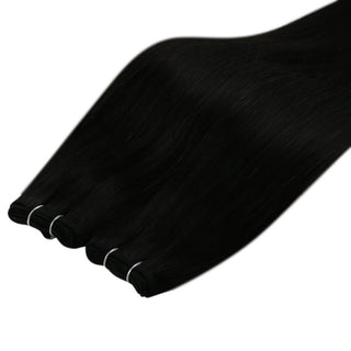 Full Shine jet black smooth virgin weft hair extensions, luxury Brazilian human hair for elegant salon look.