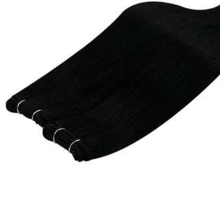 Full Shine jet black virgin hair weft extensions, smooth Brazilian human hair for natural salon styling results.