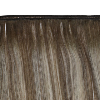 Full Shine medium brown balayage virgin weft hair extensions, natural Brazilian human hair bundles for seamless sew-in styling.