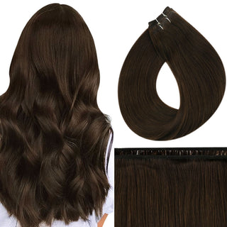 Full Shine medium brown virgin weft hair extensions made of premium Brazilian human hair, soft natural salon-quality sew-in bundles.