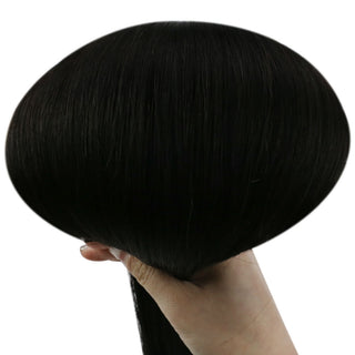 Full Shine natural black soft tone virgin hair weft extensions, premium Brazilian human hair for natural salon styling.