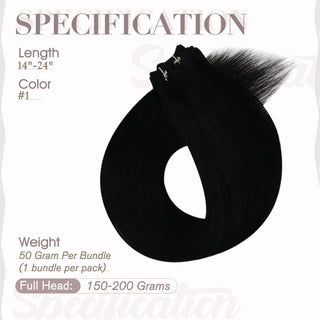 Full Shine natural black virgin weft hair extensions, premium Brazilian human hair for soft salon-quality finish.