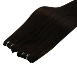 Full Shine natural dark brown virgin weft hair extensions, premium Brazilian human hair for soft salon-quality finish.