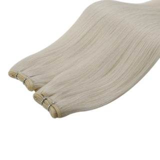 Full Shine platinum blonde balayage virgin hair weft extensions, dimensional Brazilian human hair for natural salon blending.