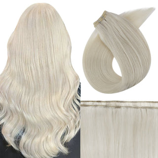 Full Shine platinum blonde virgin weft hair extensions made of premium Brazilian human hair, soft natural salon-quality sew-in bundles.