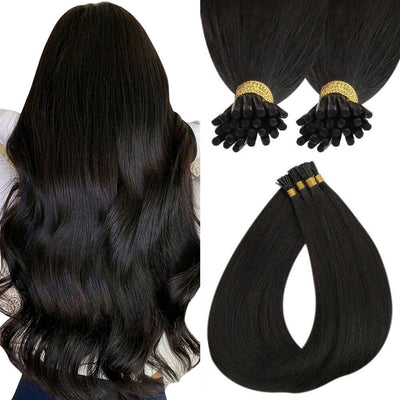 Full Shine I Tip Hair Extensions 100% Virgin Human Hair Off Black (#1B)-Virgin I Tip Hair-Full Shine